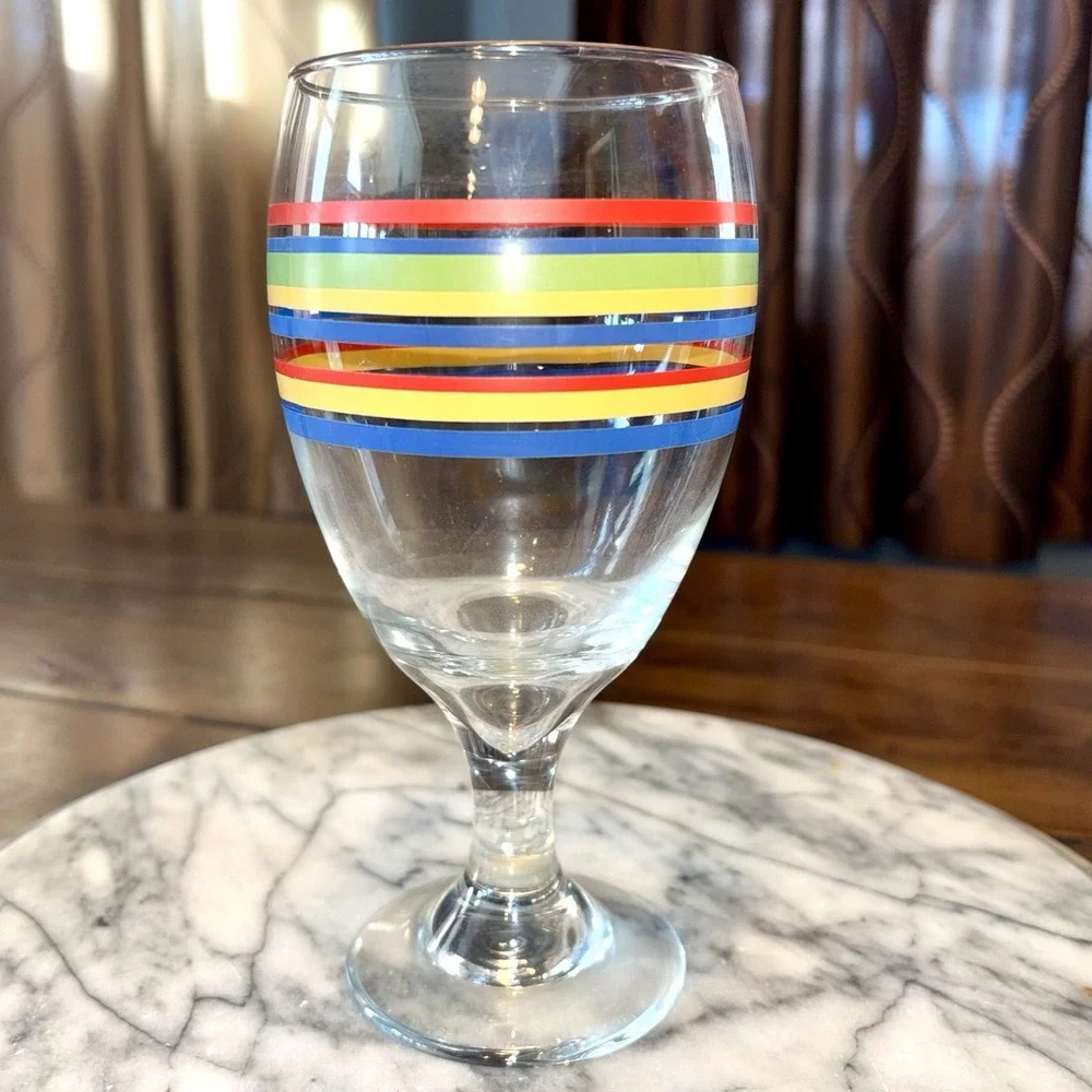 SETof5‎ VTG Libbey Mambo Fiesta Multi Striped Wine Water Glasses Stemmed Goblets